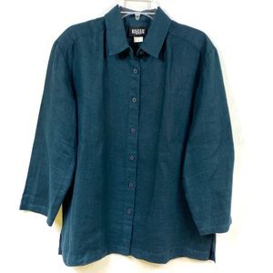 Eileen Fisher Linen Textured Button Down Top Dark Teal